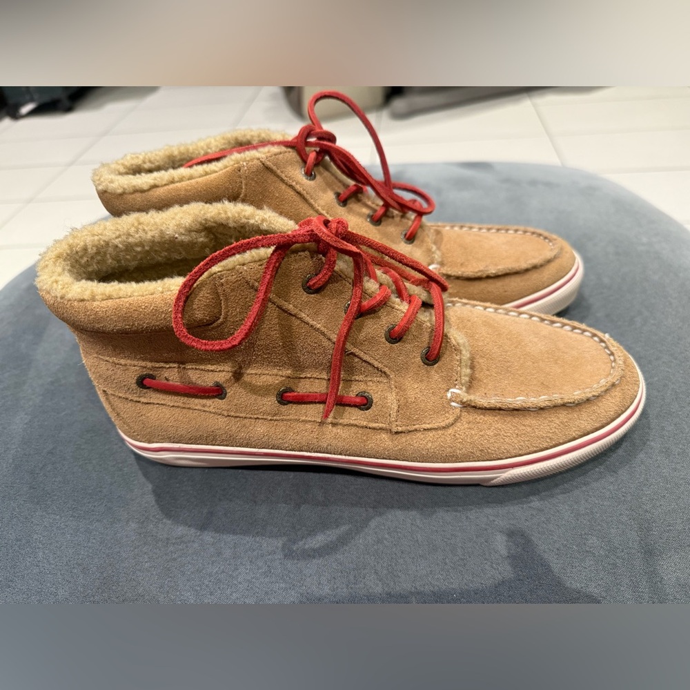 Sperry Brown Suede Ankle Boots with Red Laces